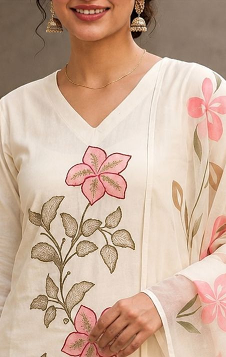 Women's Ivory Floral Printed Kurta Set with Dupatta