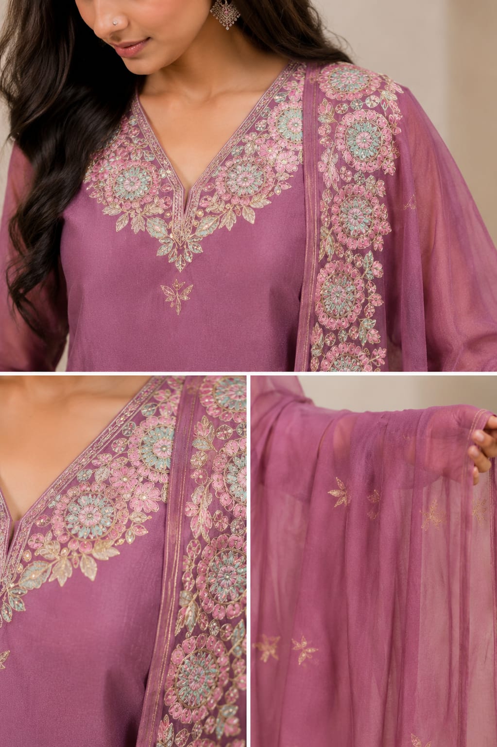 Women's Mauve Embroidered Straight Kurta Set with Organza Dupatta