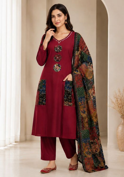 Women's Maroon Printed Kurta Set with Dupatta