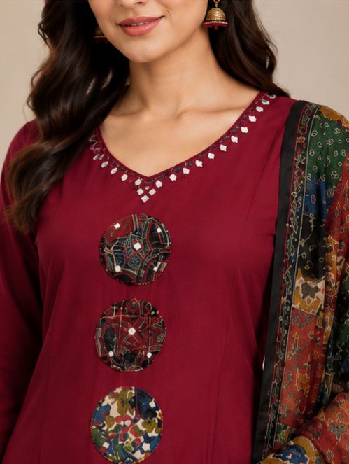 Women's Maroon Printed Kurta Set with Dupatta