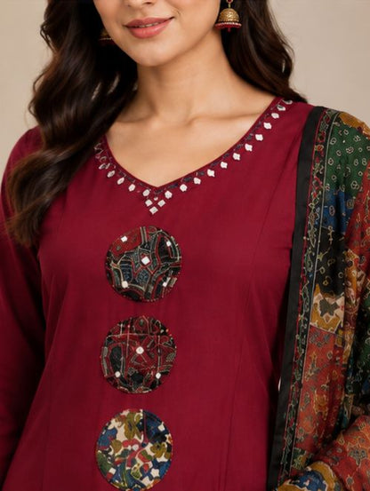 Women's Maroon Printed Kurta Set with Dupatta
