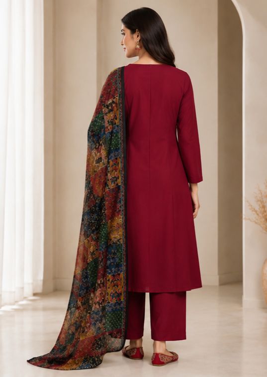 Women's Maroon Printed Kurta Set with Dupatta
