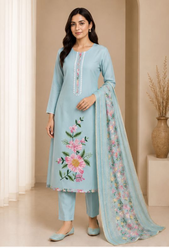 Women's Powder Blue Floral Embroidered Kurta Set with Dupatta