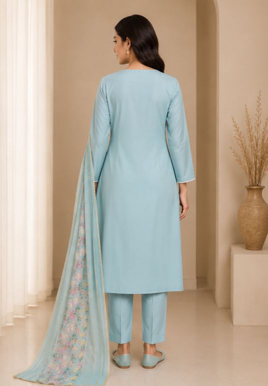 Women's Powder Blue Floral Embroidered Kurta Set with Dupatta