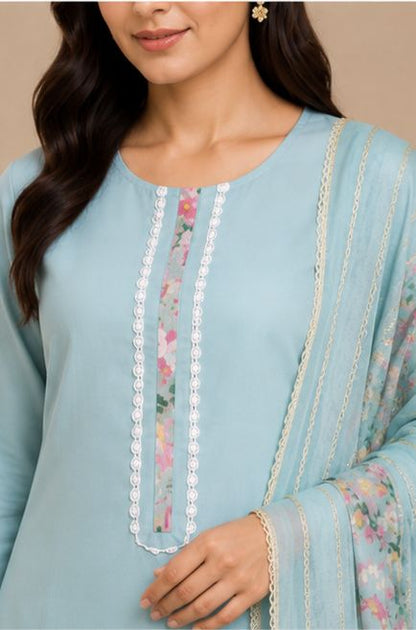 Women's Powder Blue Floral Embroidered Kurta Set with Dupatta