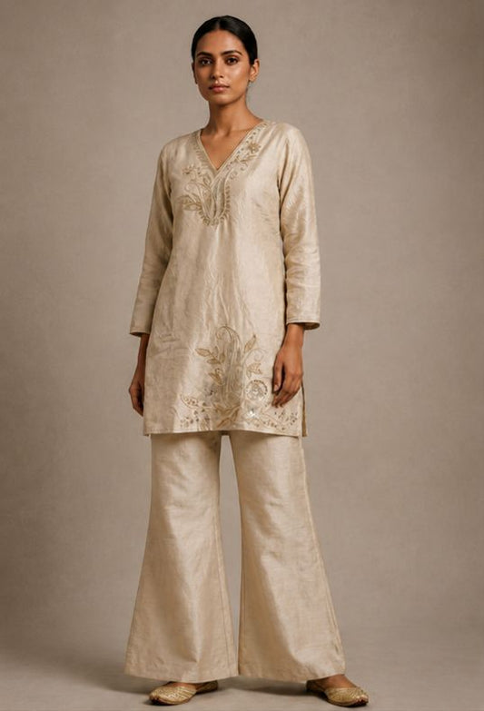 Women's Beige Embroidered Co-Ord Set
