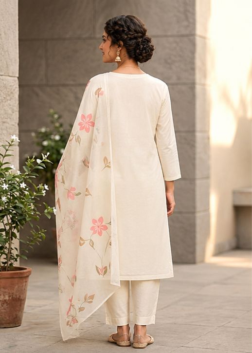 Women's Ivory Floral Printed Kurta Set with Dupatta