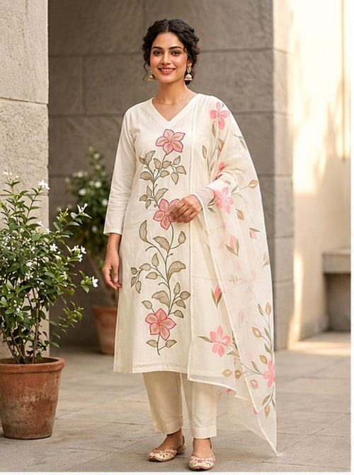 Women's Ivory Floral Printed Kurta Set with Dupatta