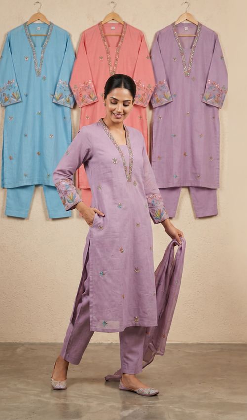Women's Lavender Embroidered Kurta Set with Dupatta