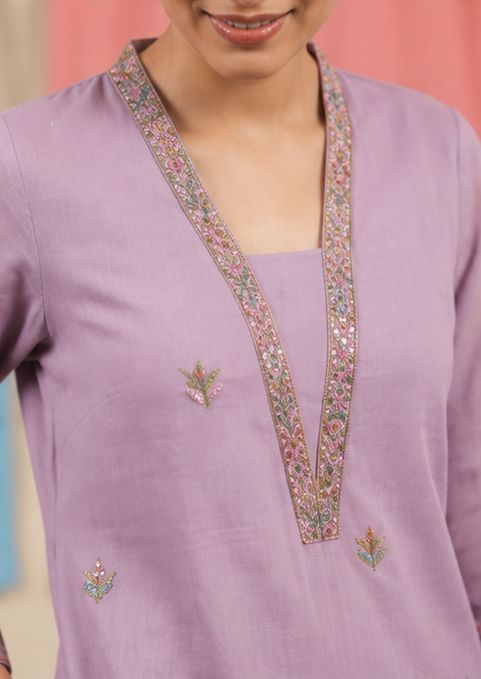 Women's Lavender Embroidered Kurta Set with Dupatta