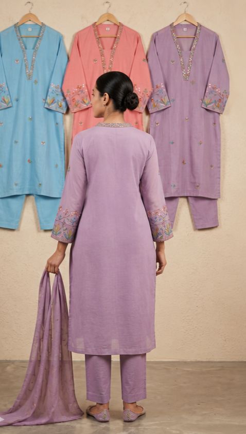 Women's Lavender Embroidered Kurta Set with Dupatta