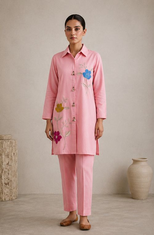Women's Blush Pink Floral Embroidered Co-Ord Set