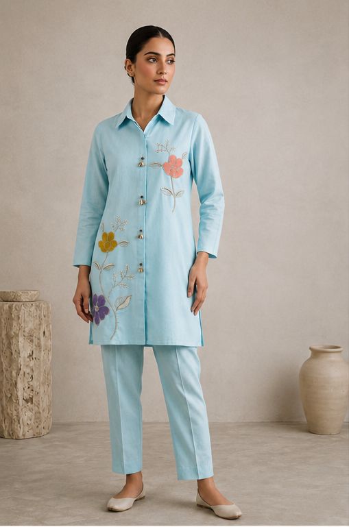 Women's Sky Blue Floral Embroidered Co-Ord Set