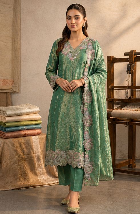 Women's Sea Green Embroidered Kurta Set with Dupatta