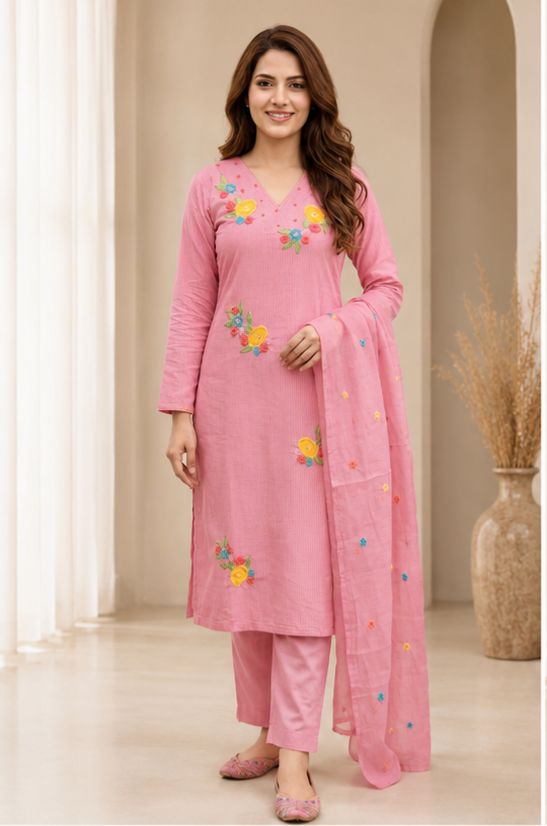Women's Blush Pink Floral Embroidered Kurta Set with Dupatta