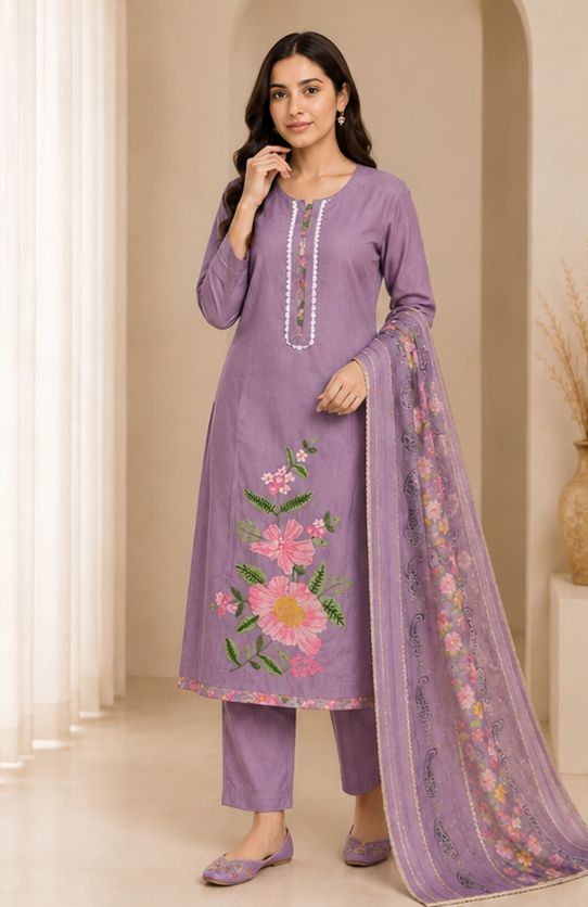 Women's Lavender Floral Embroidered Kurta Set with Dupatta