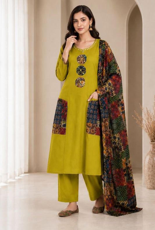 Women's Olive Green Printed Kurta Set with Dupatta