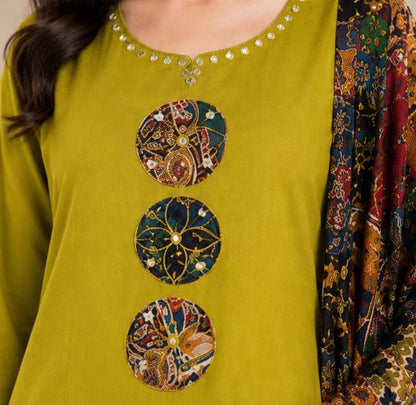 Women's Olive Green Printed Kurta Set with Dupatta