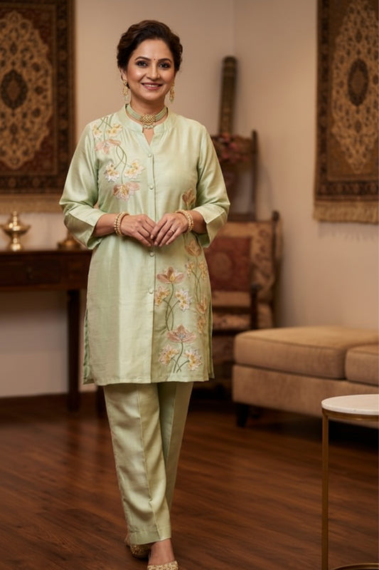 Women's Sage Green Floral Embroidered Kurta Set