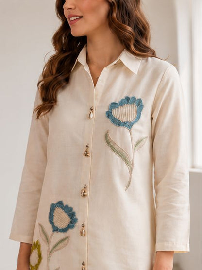 Women's Ivory Floral Embroidered Premium Co-Ord Set