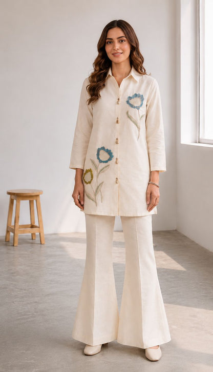 Women's Ivory Floral Embroidered Premium Co-Ord Set