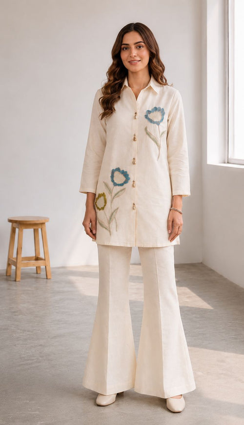 Women's Ivory Floral Embroidered Premium Co-Ord Set