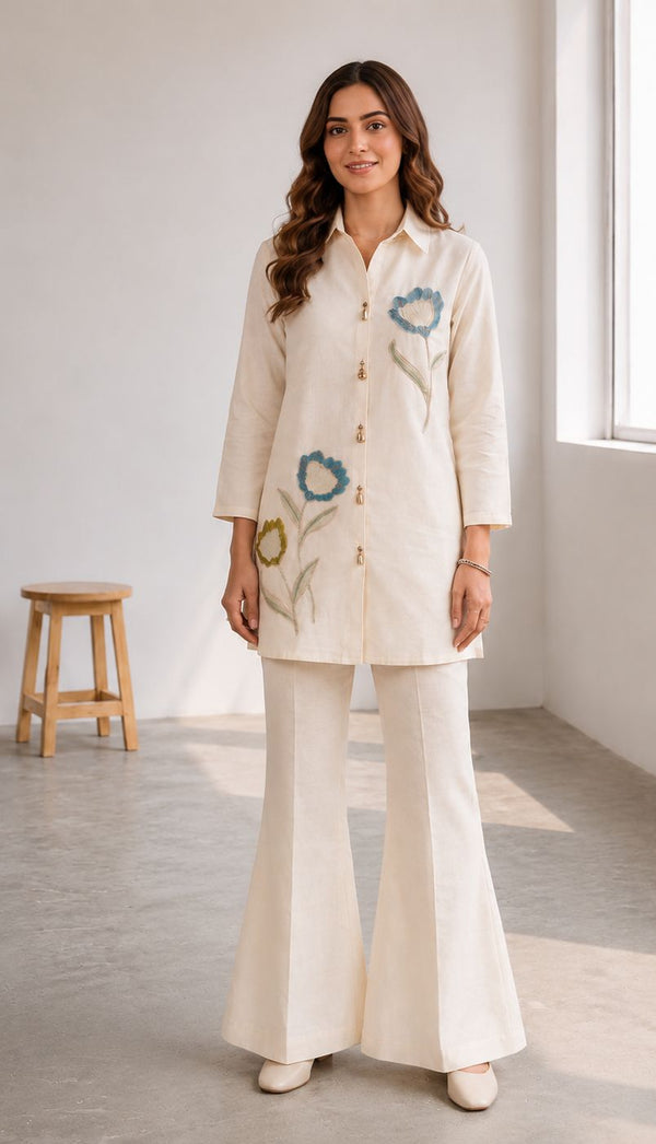 Women's Ivory Floral Embroidered Premium Co-Ord Set