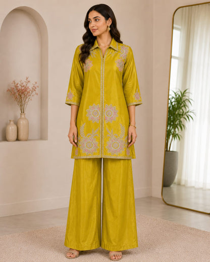 Mustard Yellow Embroidered Co-Ord Set for Women