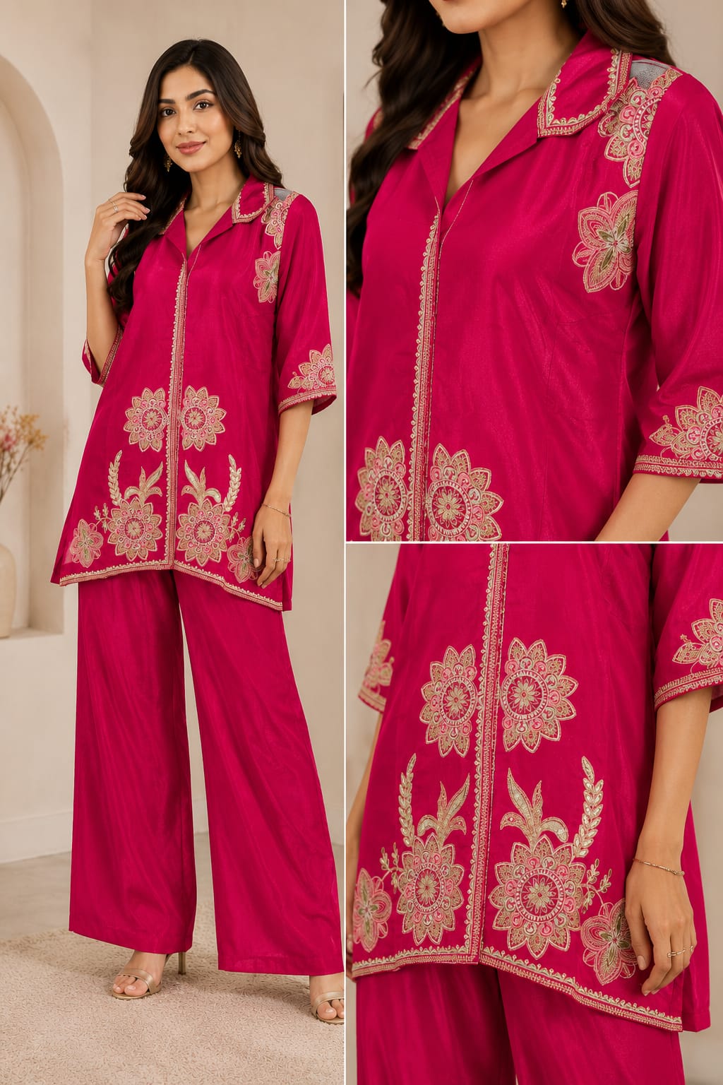 Fuchsia Pink Embroidered Co-Ord Set for Women