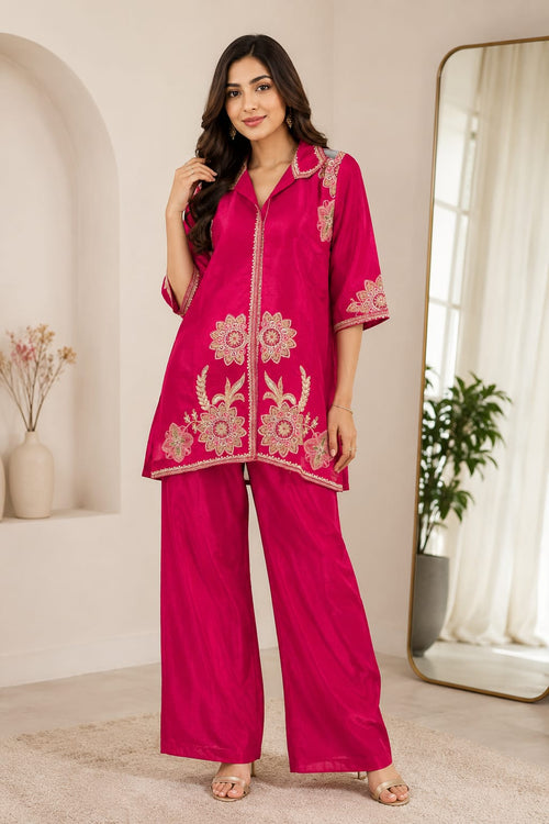Fuchsia Pink Embroidered Co-Ord Set for Women
