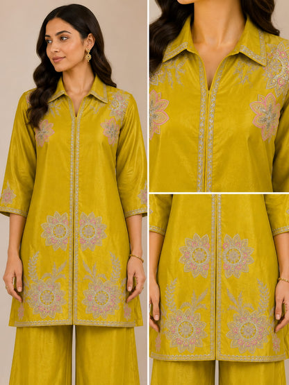 Mustard Yellow Embroidered Co-Ord Set for Women