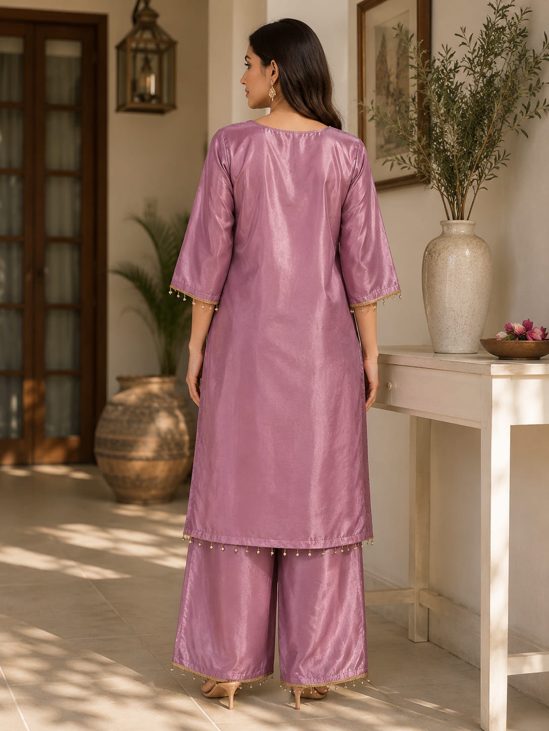 Lavender Embroidered Kurta Palazzo Set with Organza Dupatta
