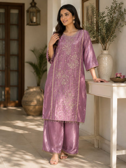 Lavender Embroidered Kurta Palazzo Set with Organza Dupatta