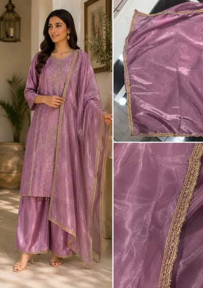 Lavender Embroidered Kurta Palazzo Set with Organza Dupatta