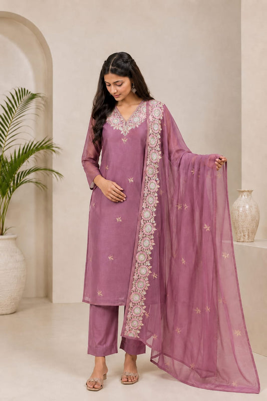 Women's Mauve Embroidered Straight Kurta Set with Organza Dupatta