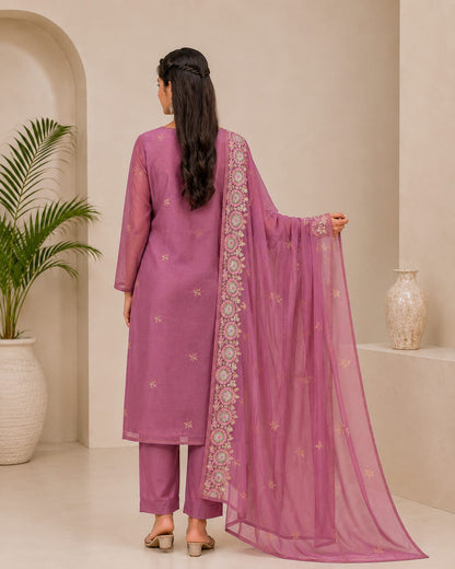 Women's Mauve Embroidered Straight Kurta Set with Organza Dupatta